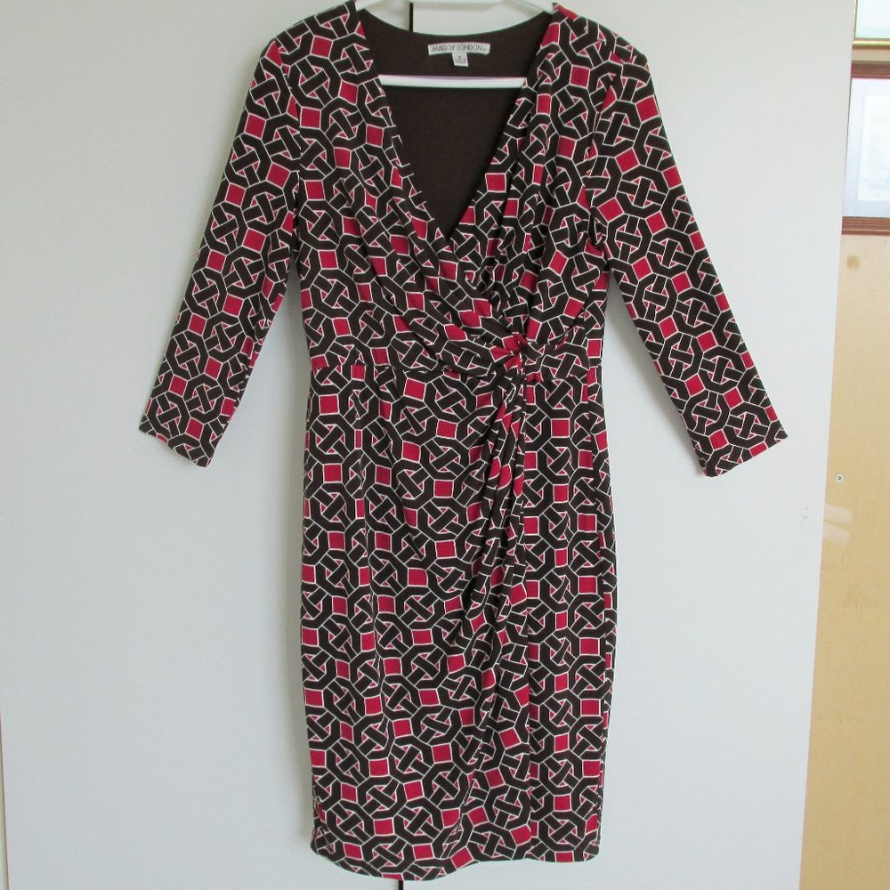 Maggy London Brown & Red Jersey Faux Wrap Dress